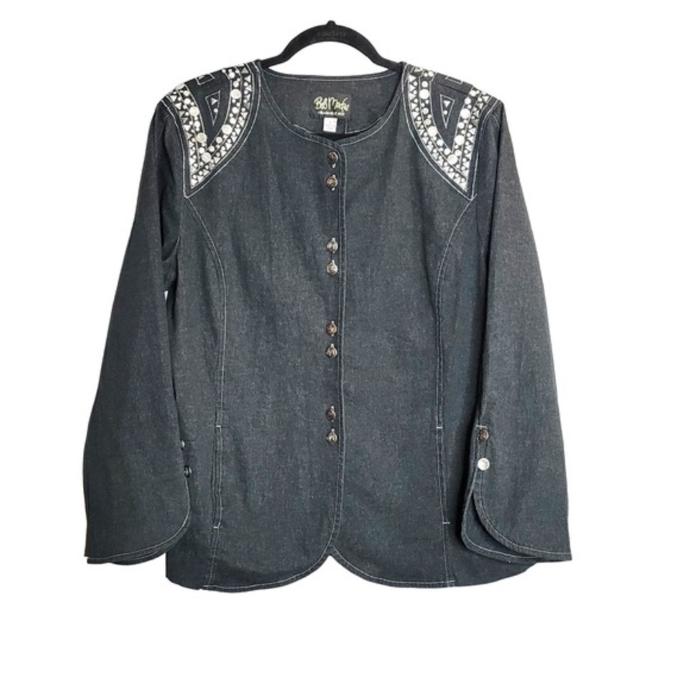 Bob Mackie Wearable Art Denim Jacket Women L Black Silver Embellished Studded‎